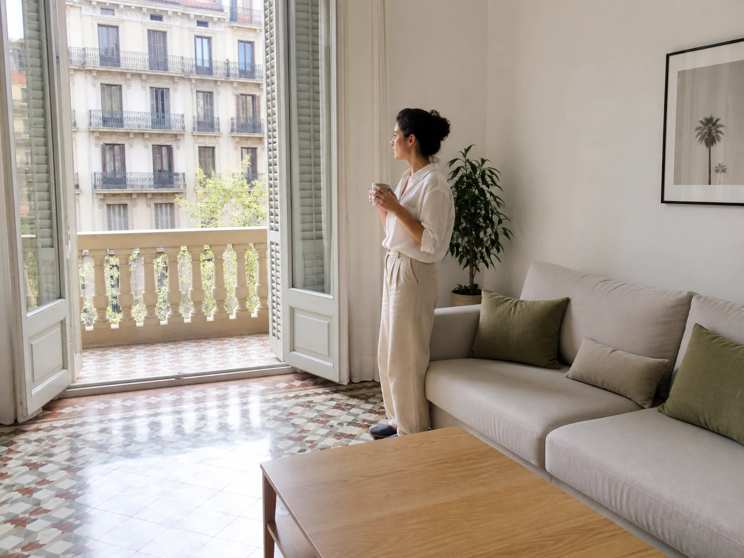Una vecina de Barcelona descansando junto al balcón de su casa impecable